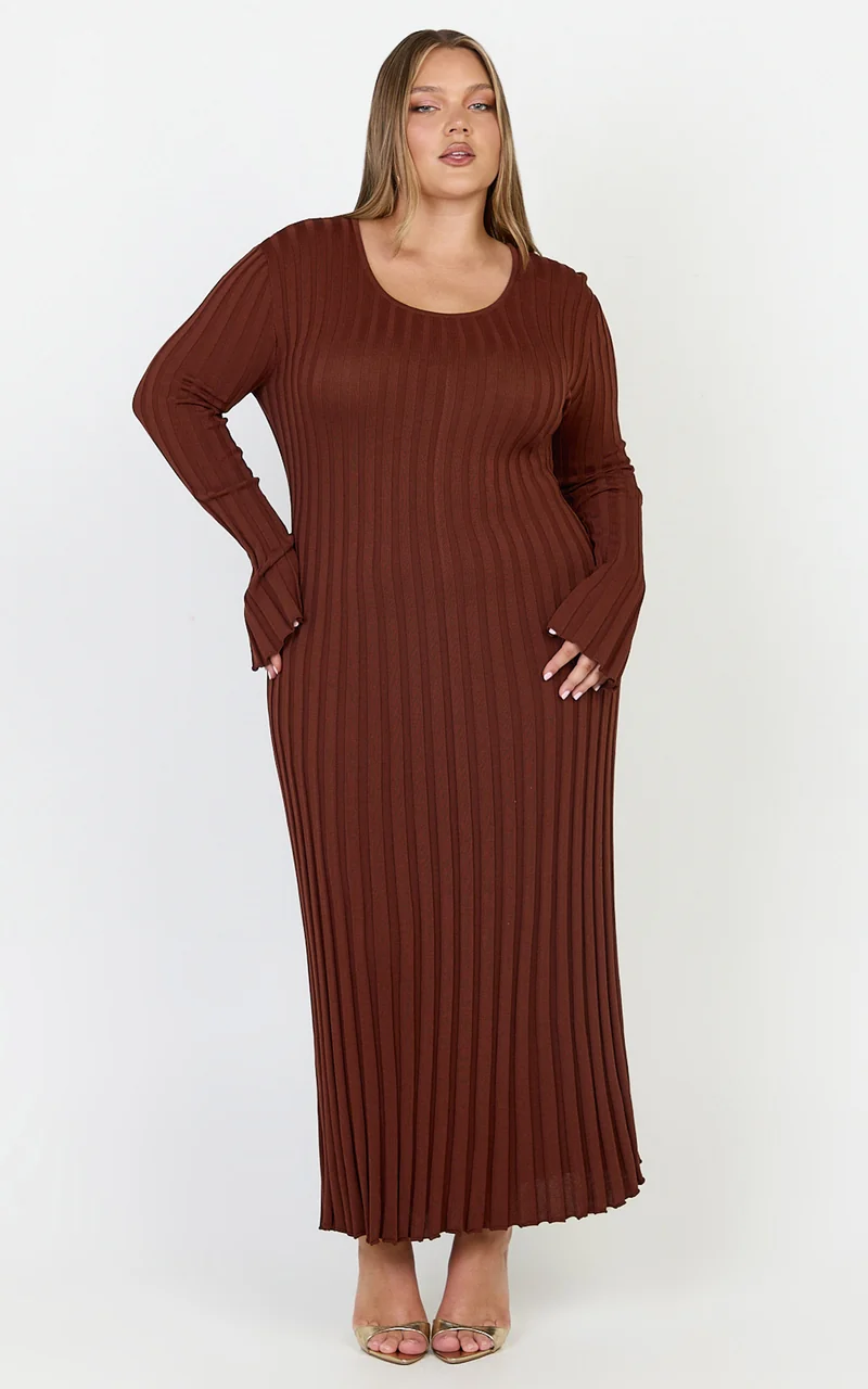 Blaire Midi Dress - Long Sleeve Tie Back Flare Dress in Chocolate