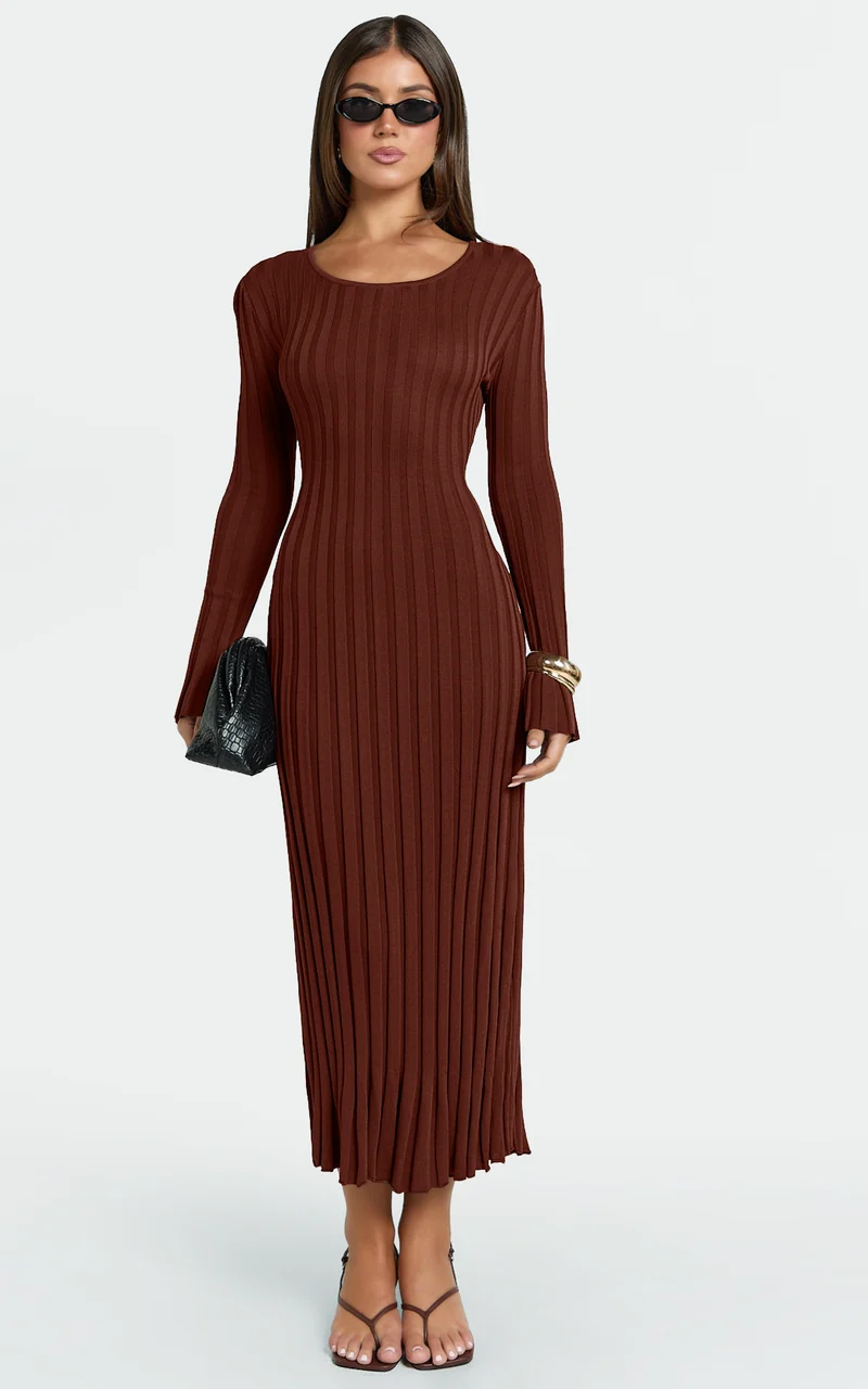 Blaire Midi Dress - Long Sleeve Tie Back Flare Dress in Chocolate