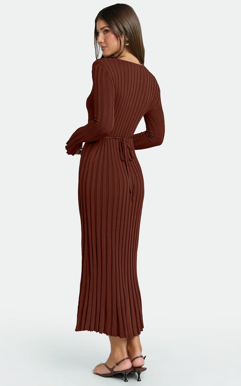 Blaire Midi Dress - Long Sleeve Tie Back Flare Dress in Chocolate