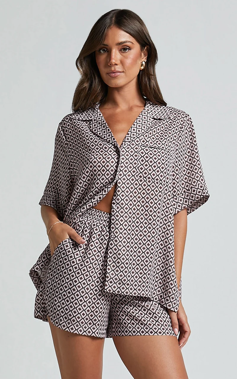 Brunita Shorts - High Waisted Tie Shorts in Moroccan Geo print