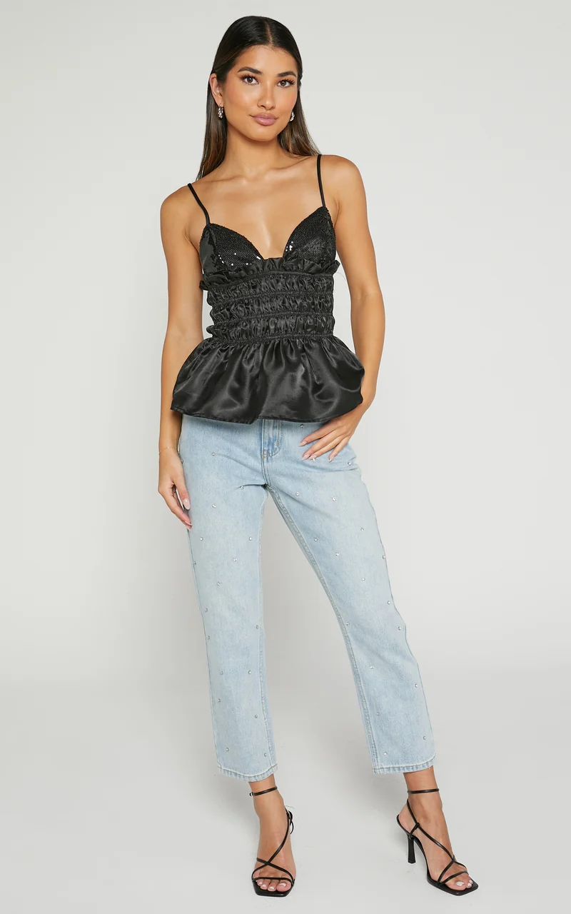 Brunetta Top - Sequin Shirred Peplum Top in Black