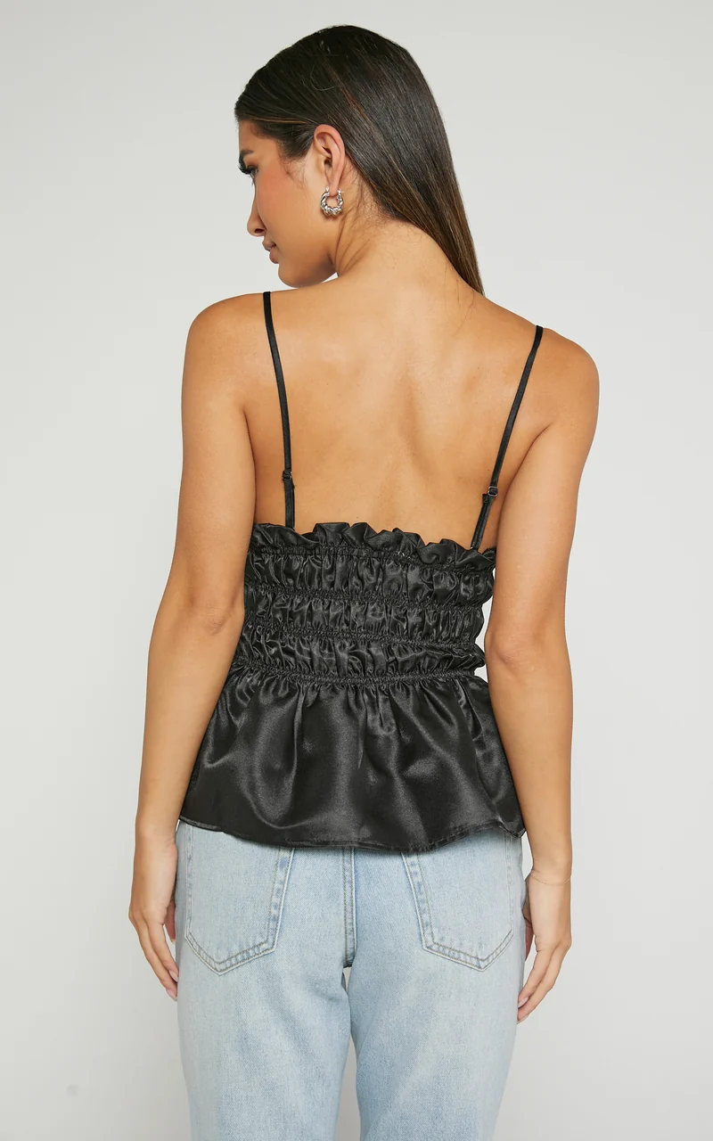 Brunetta Top - Sequin Shirred Peplum Top in Black