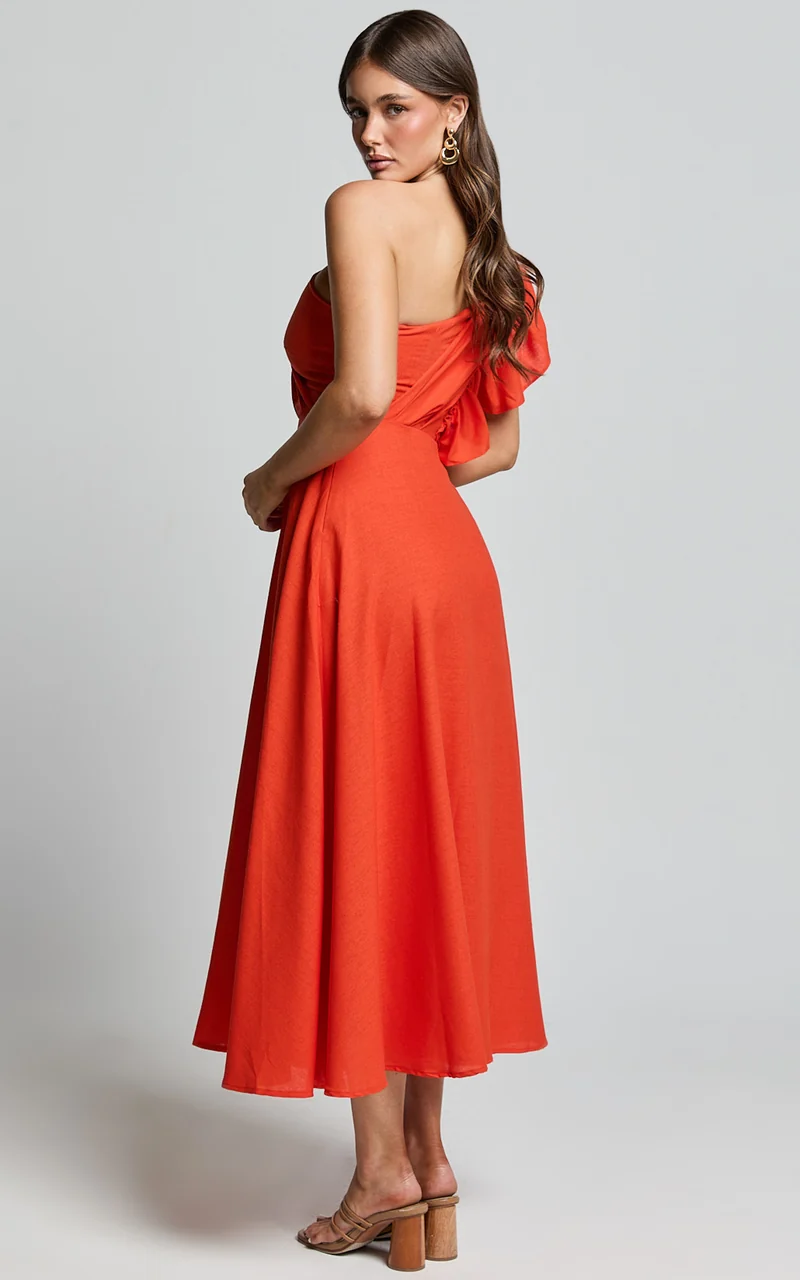 Dixie Midi Dress - Linen Look One Shoulder Ruffle Dress in Red Orange