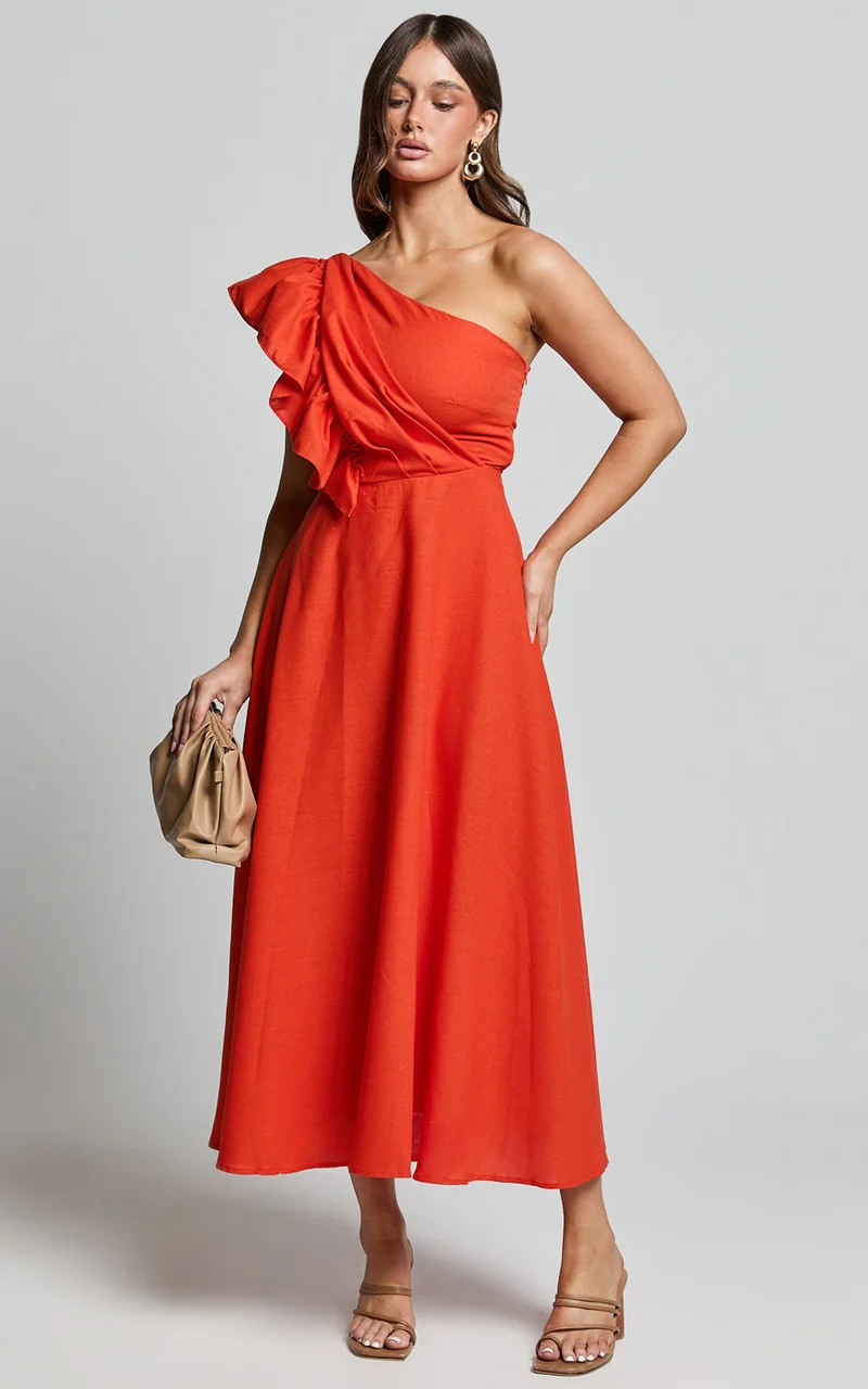 Dixie Midi Dress - Linen Look One Shoulder Ruffle Dress in Red Orange