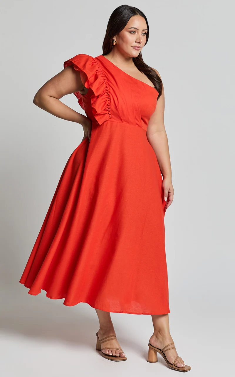 Dixie Midi Dress - Linen Look One Shoulder Ruffle Dress in Red Orange