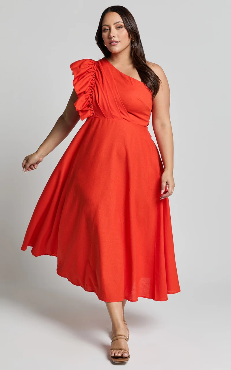 Dixie Midi Dress - Linen Look One Shoulder Ruffle Dress in Red Orange