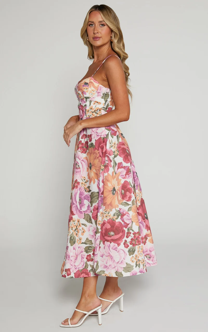 Robertson Midi Dress - Strappy Sweetheart Bustier Flare Dress in Spring Floral