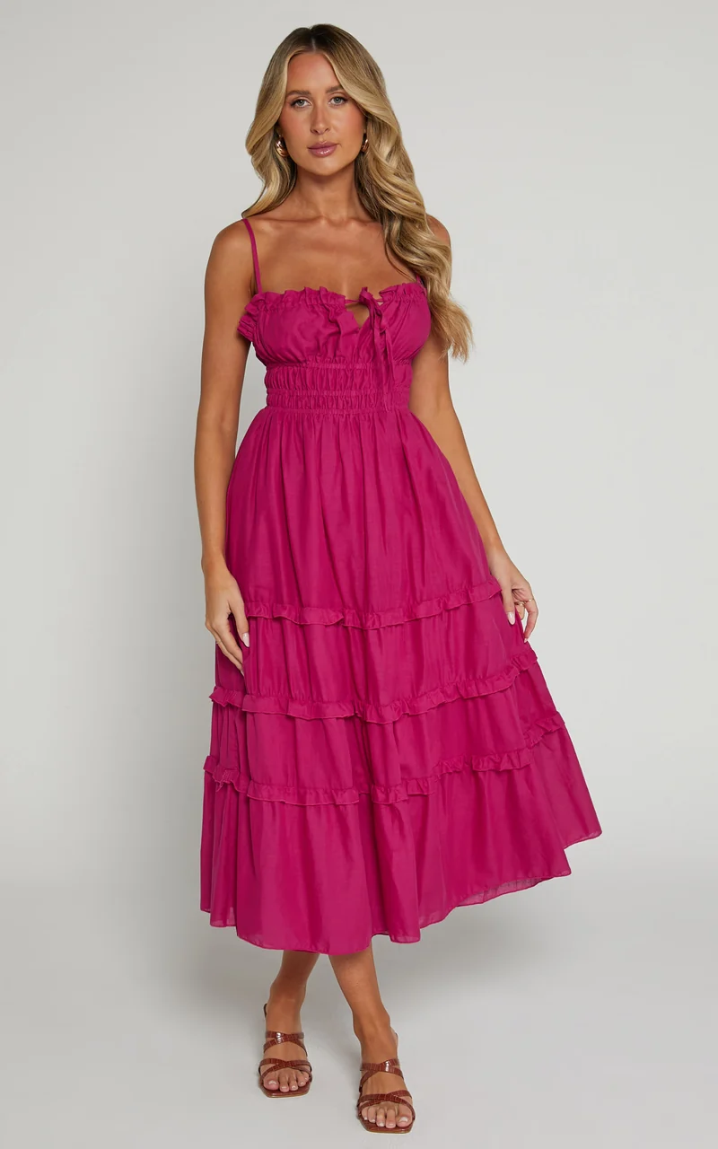 Schiffer Midi Dress - Strappy Ruched Tie Front Tiered Dress in Raspberry