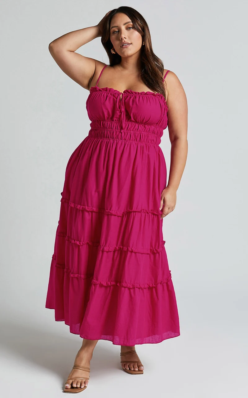 Schiffer Midi Dress - Strappy Ruched Tie Front Tiered Dress in Raspberry