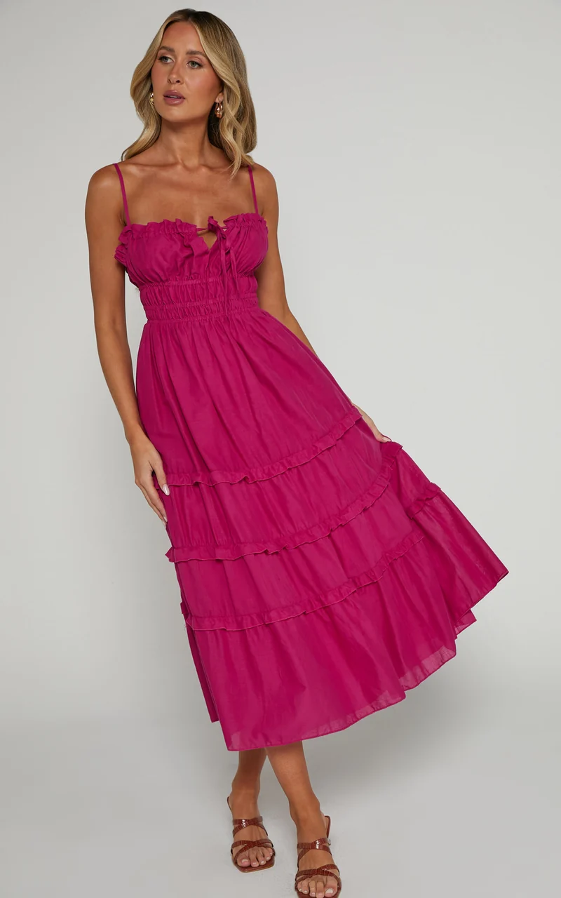 Schiffer Midi Dress - Strappy Ruched Tie Front Tiered Dress in Raspberry