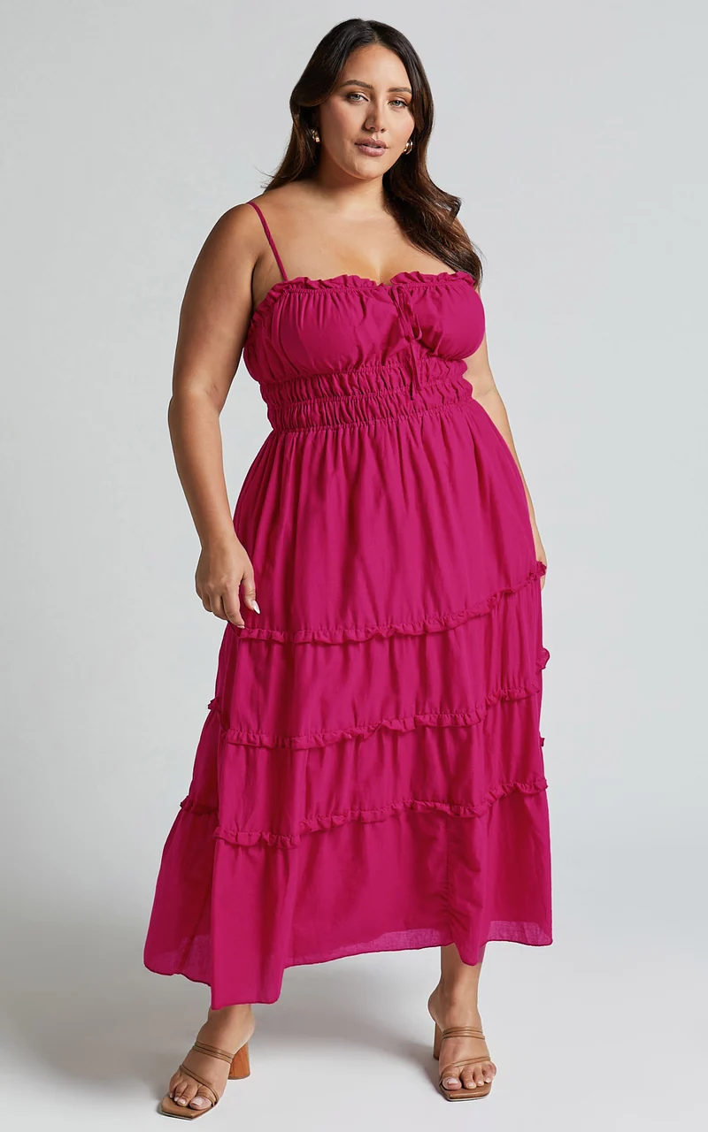 Schiffer Midi Dress - Strappy Ruched Tie Front Tiered Dress in Raspberry