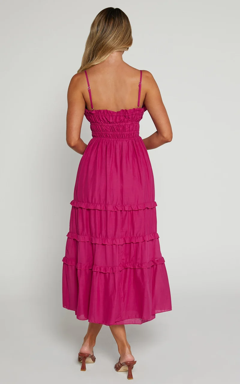 Schiffer Midi Dress - Strappy Ruched Tie Front Tiered Dress in Raspberry