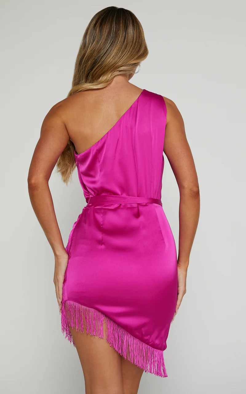Nika Mini Dress - One Shoulder Asymmetrical Hem Dress in Fuchsia