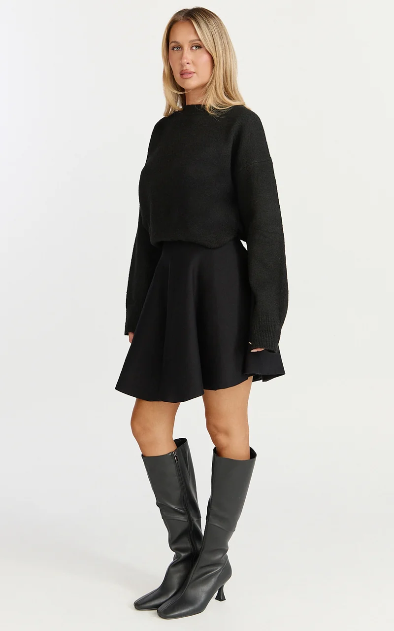 Farrah Mini Skirt - High Waisted A Line Skirt in Black