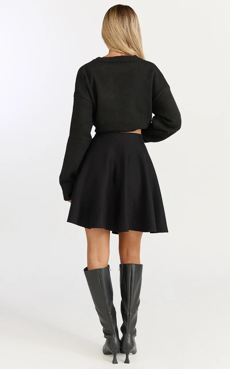 Farrah Mini Skirt - High Waisted A Line Skirt in Black