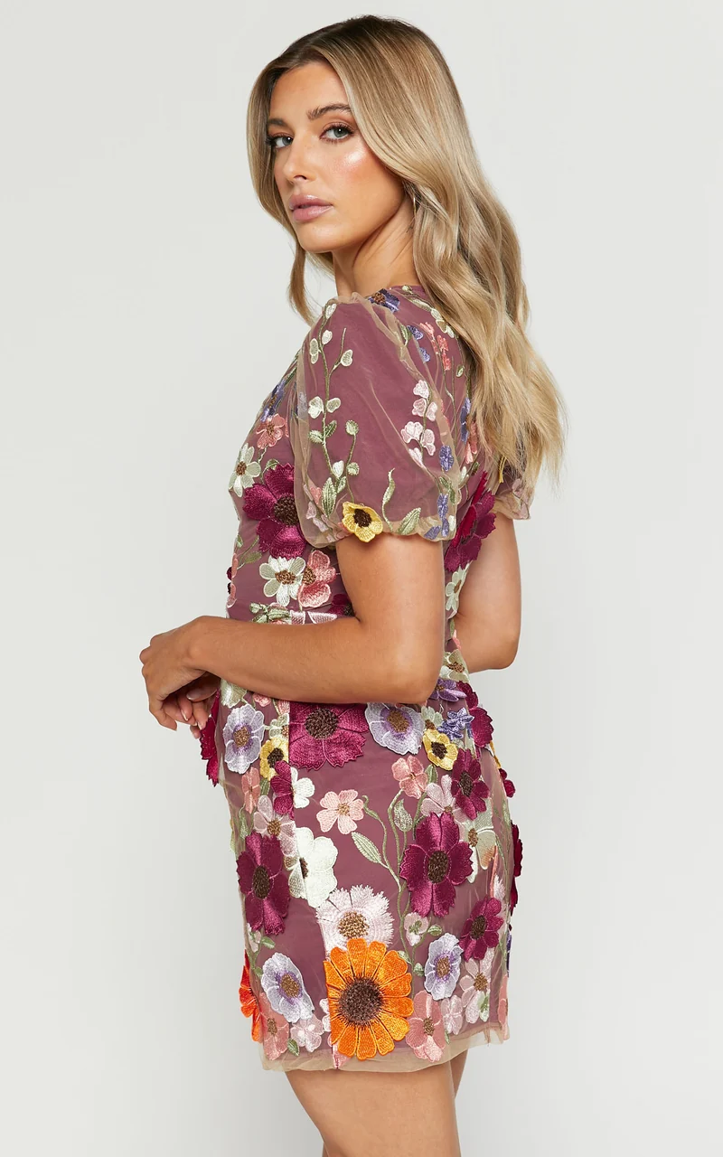 Wren Mini Dress - Puff Sleeve Bodycon 3d Garden Flowers Dress in Burgundy