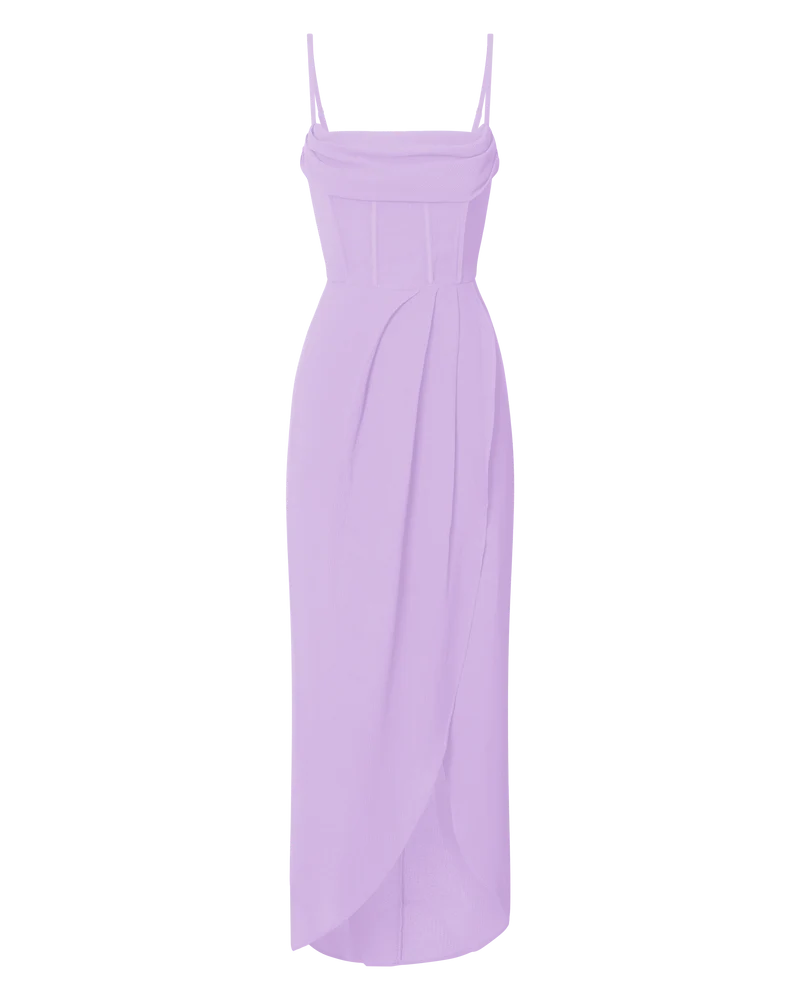 Andrina Midi Dress - High Low Wrap Corset Dress in Lilac