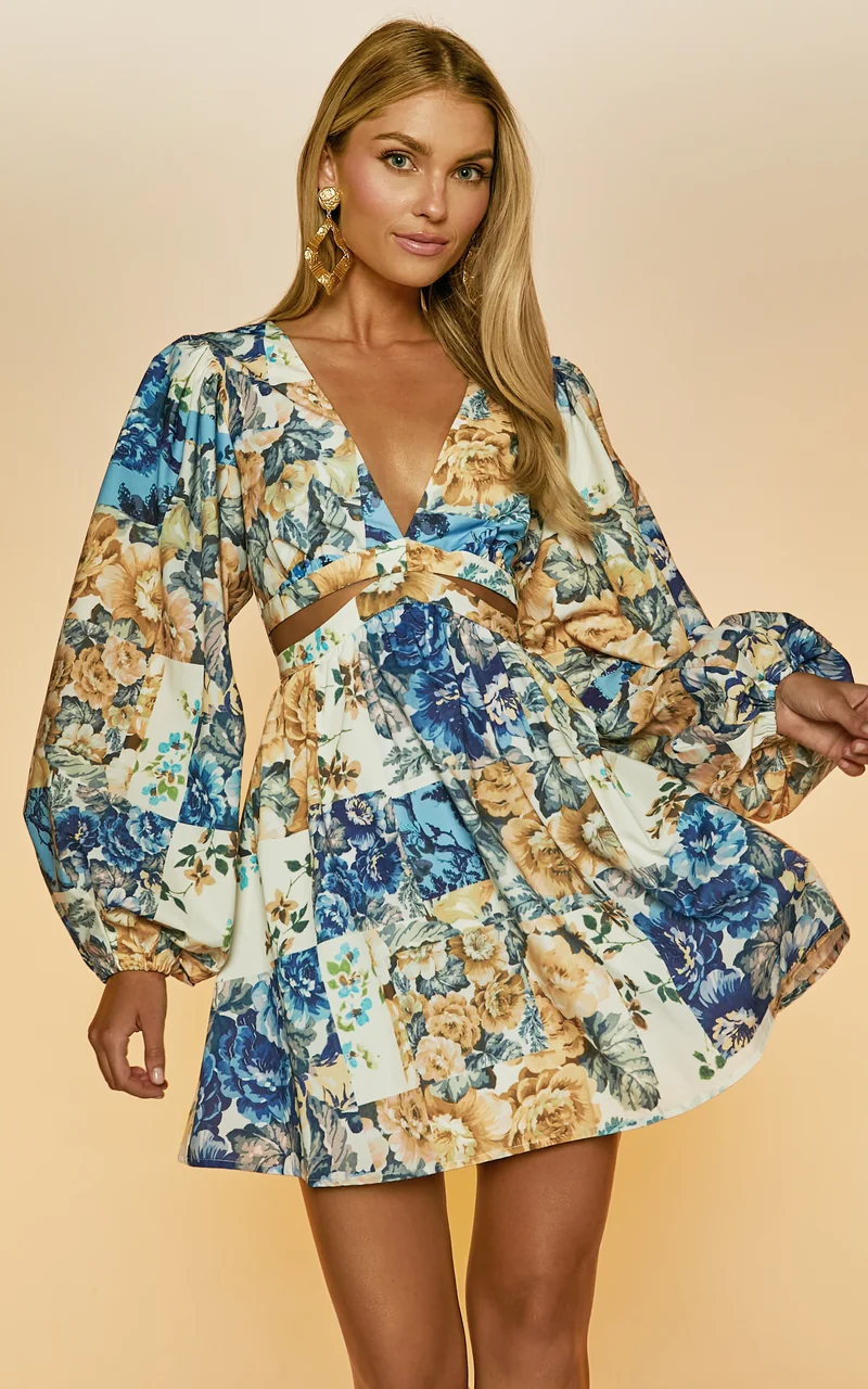 Emily Mini Dress - V Neck Long Sleeve Cut Out Dress in Patchwork Floral