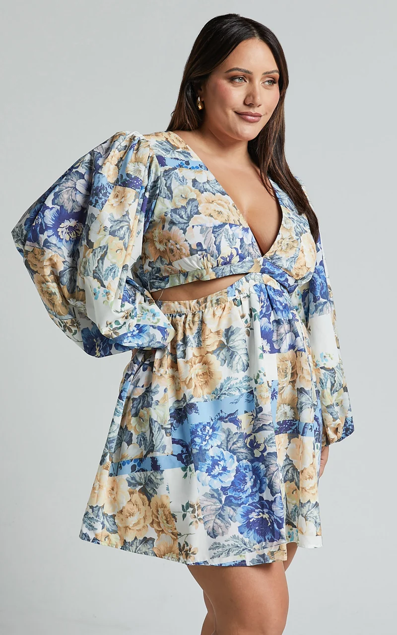 Emily Mini Dress - V Neck Long Sleeve Cut Out Dress in Patchwork Floral