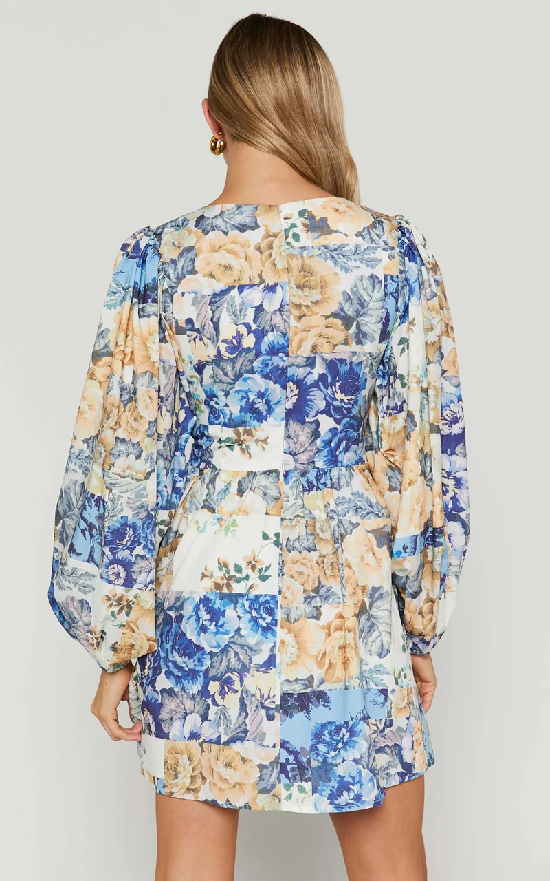 Emily Mini Dress - V Neck Long Sleeve Cut Out Dress in Patchwork Floral