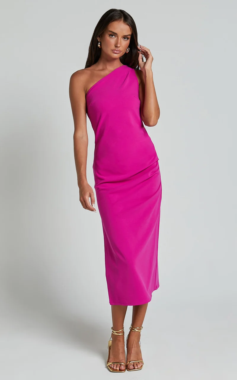 Monette Midi Dress - One Shoulder Straight Dress in Grape