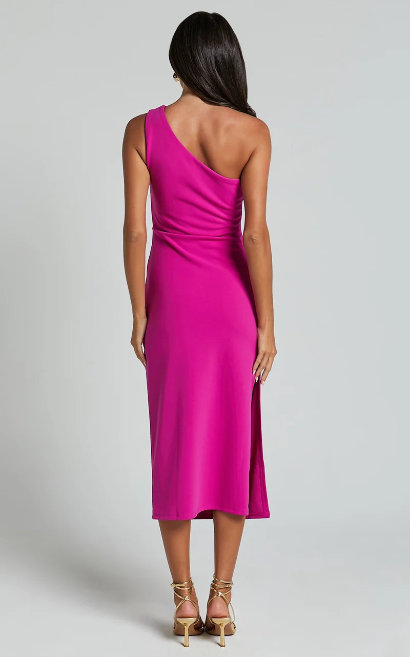 Monette Midi Dress - One Shoulder Straight Dress in Grape