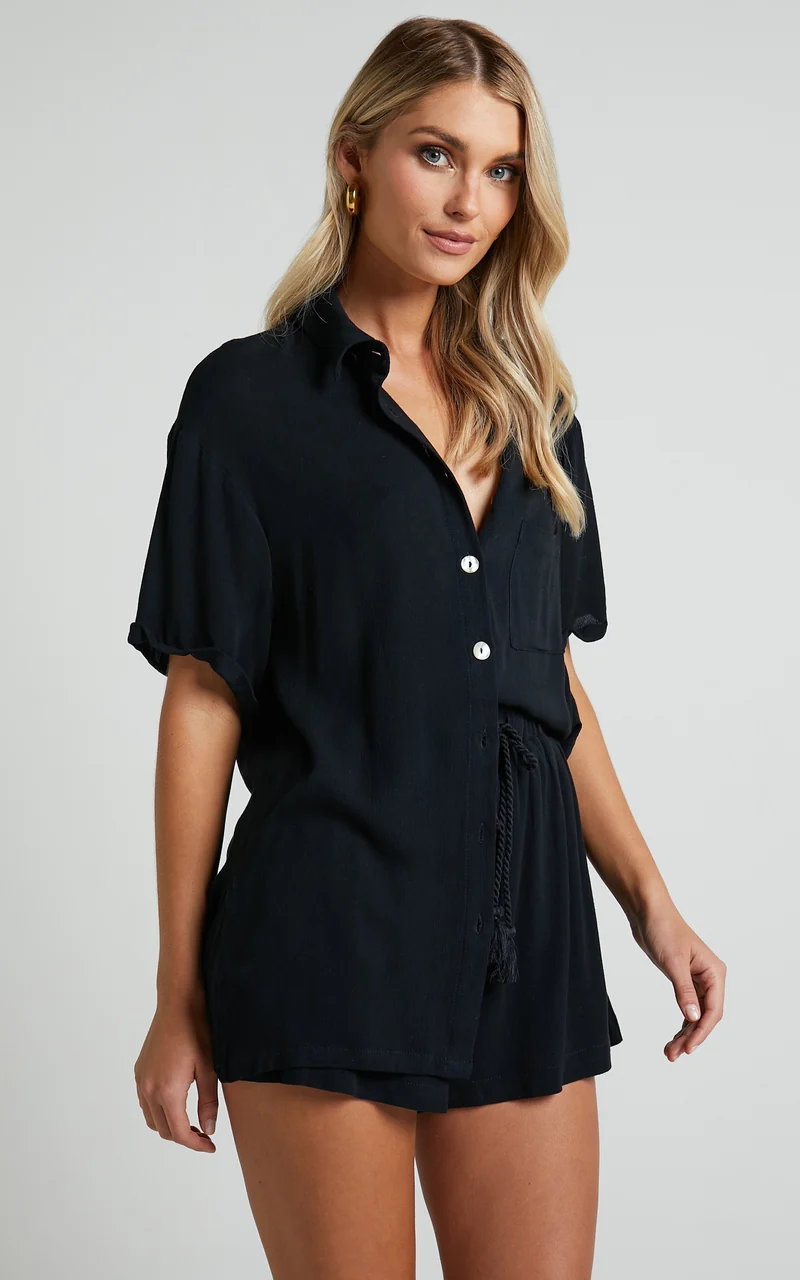 Jubilee Two Piece Set - Button Up Shirt and Shorts Set in Black