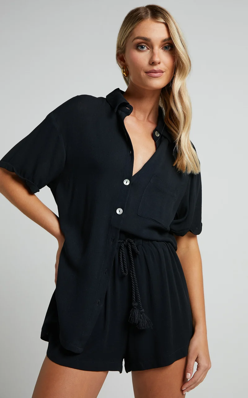 Jubilee Two Piece Set - Button Up Shirt and Shorts Set in Black