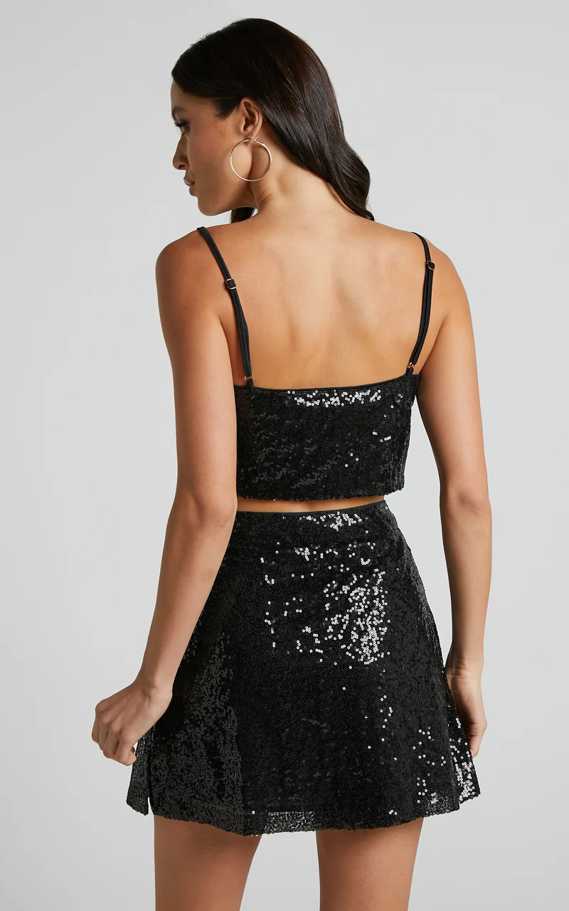 Elswyth Mini Skirt - Side Split Sequin Skirt in Black Sequin