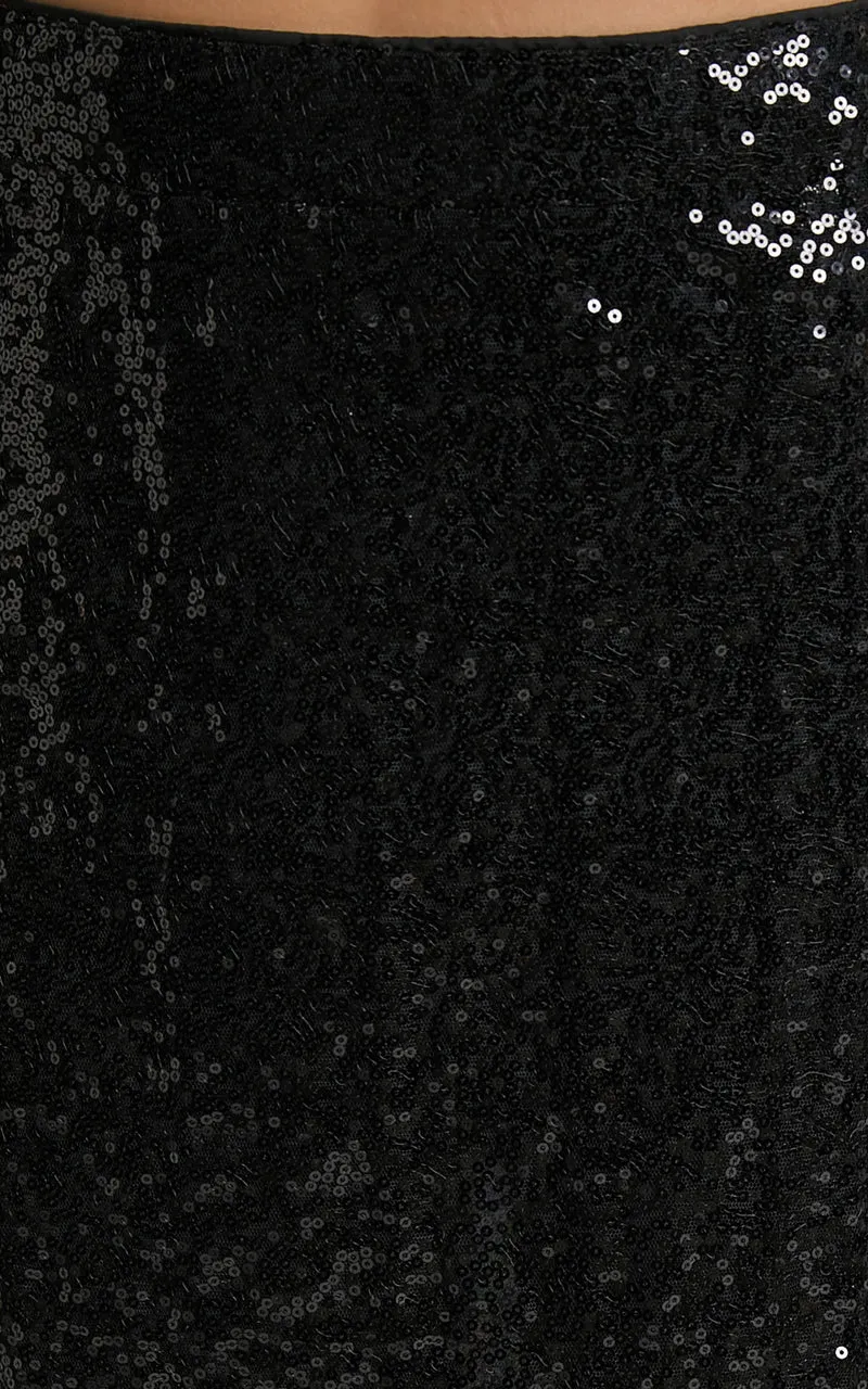 Elswyth Mini Skirt - Side Split Sequin Skirt in Black Sequin