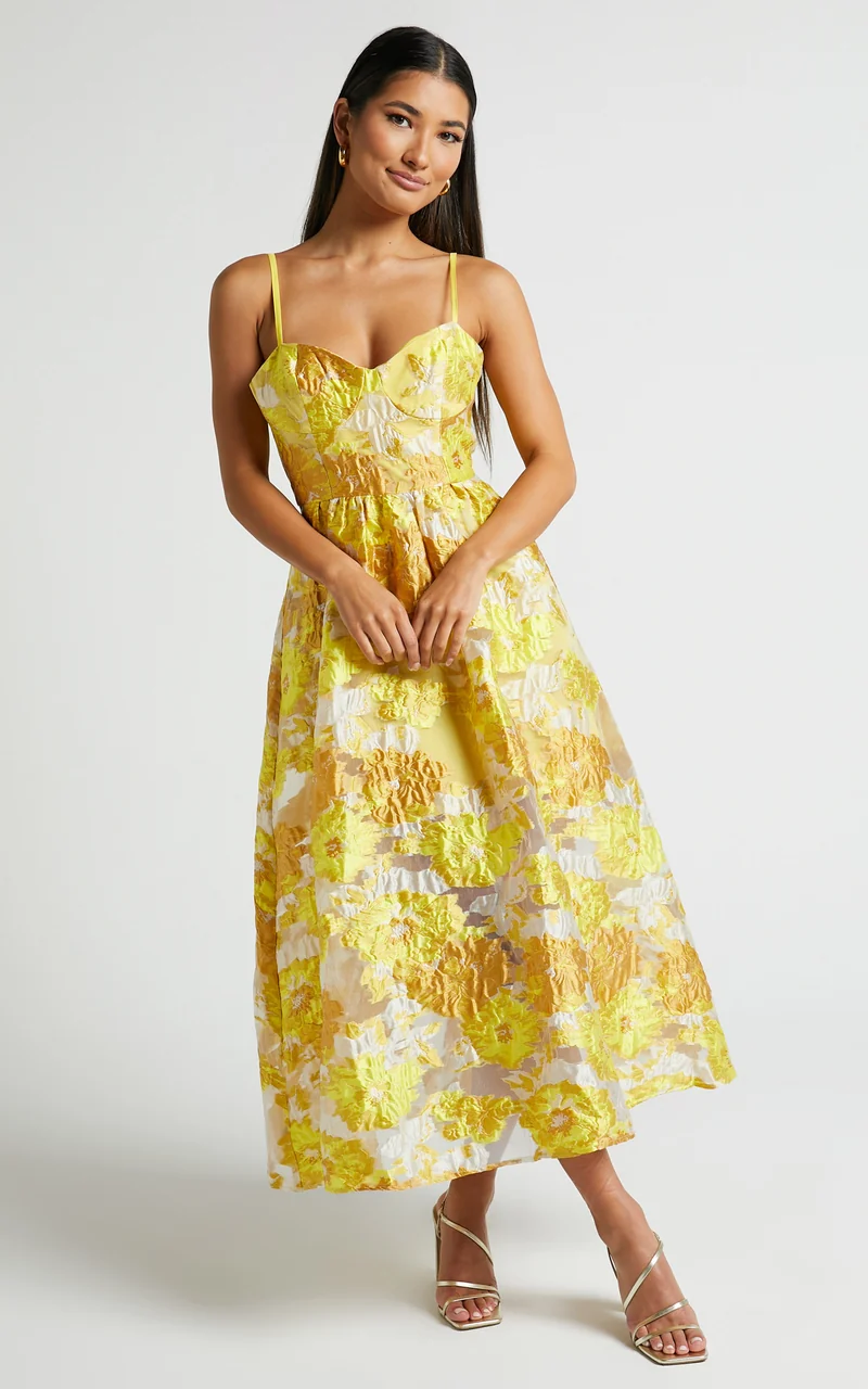 Brailey Midi Dress - Aline Corset Detail Dress in Yellow