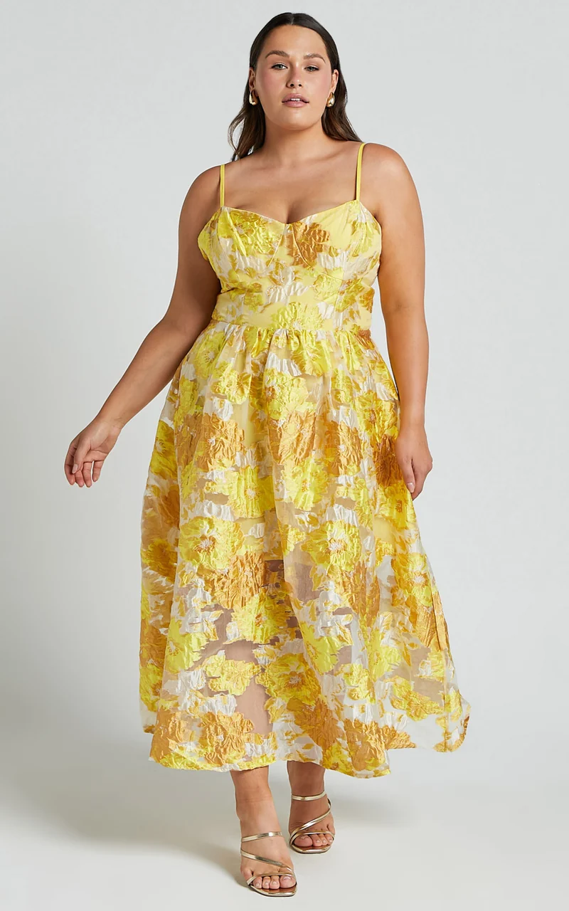 Brailey Midi Dress - Aline Corset Detail Dress in Yellow