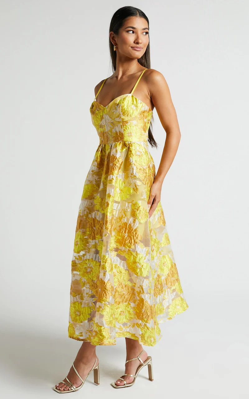 Brailey Midi Dress - Aline Corset Detail Dress in Yellow