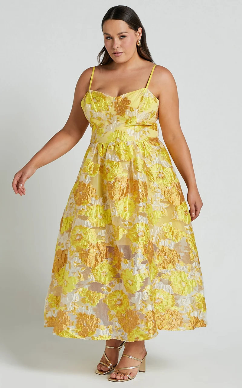 Brailey Midi Dress - Aline Corset Detail Dress in Yellow