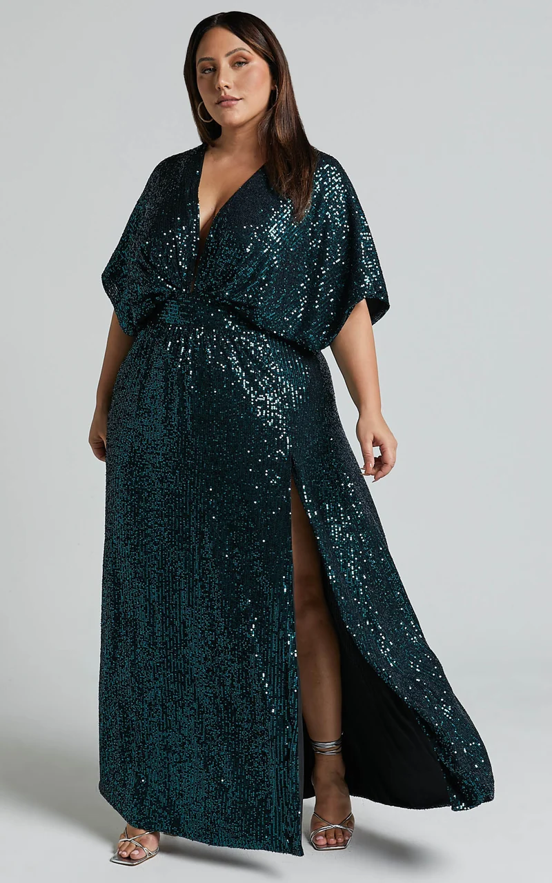 Miyah Maxi Dress - Sequin Plunge Short Sleeve Dress in Emerald