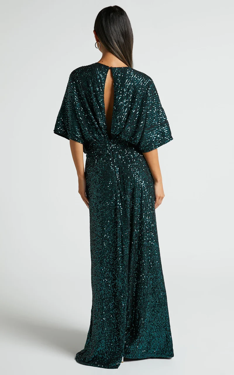 Miyah Maxi Dress - Sequin Plunge Short Sleeve Dress in Emerald