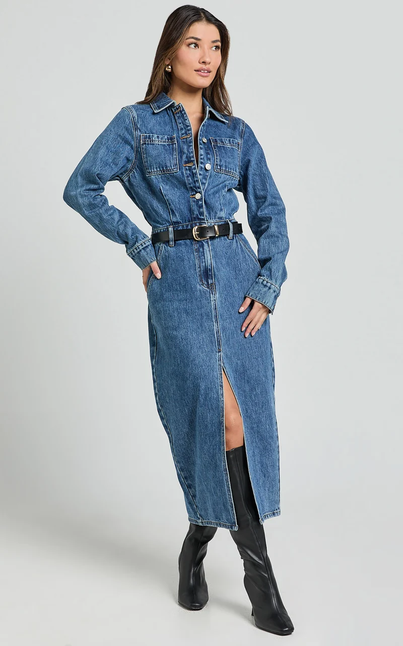 Alison Midi Dress - Long Sleeve Front Split Denim Dress in Mid Blue Wash