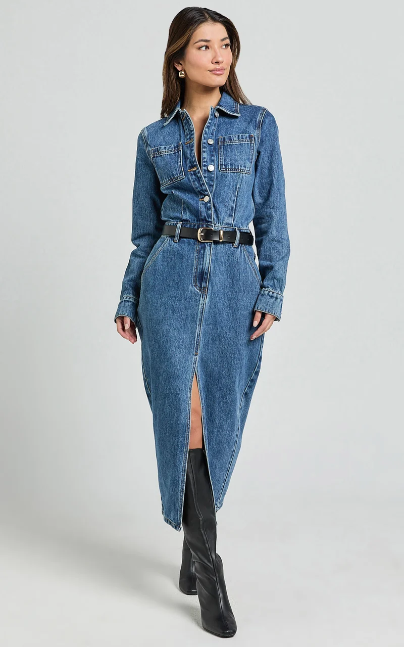 Alison Midi Dress - Long Sleeve Front Split Denim Dress in Mid Blue Wash