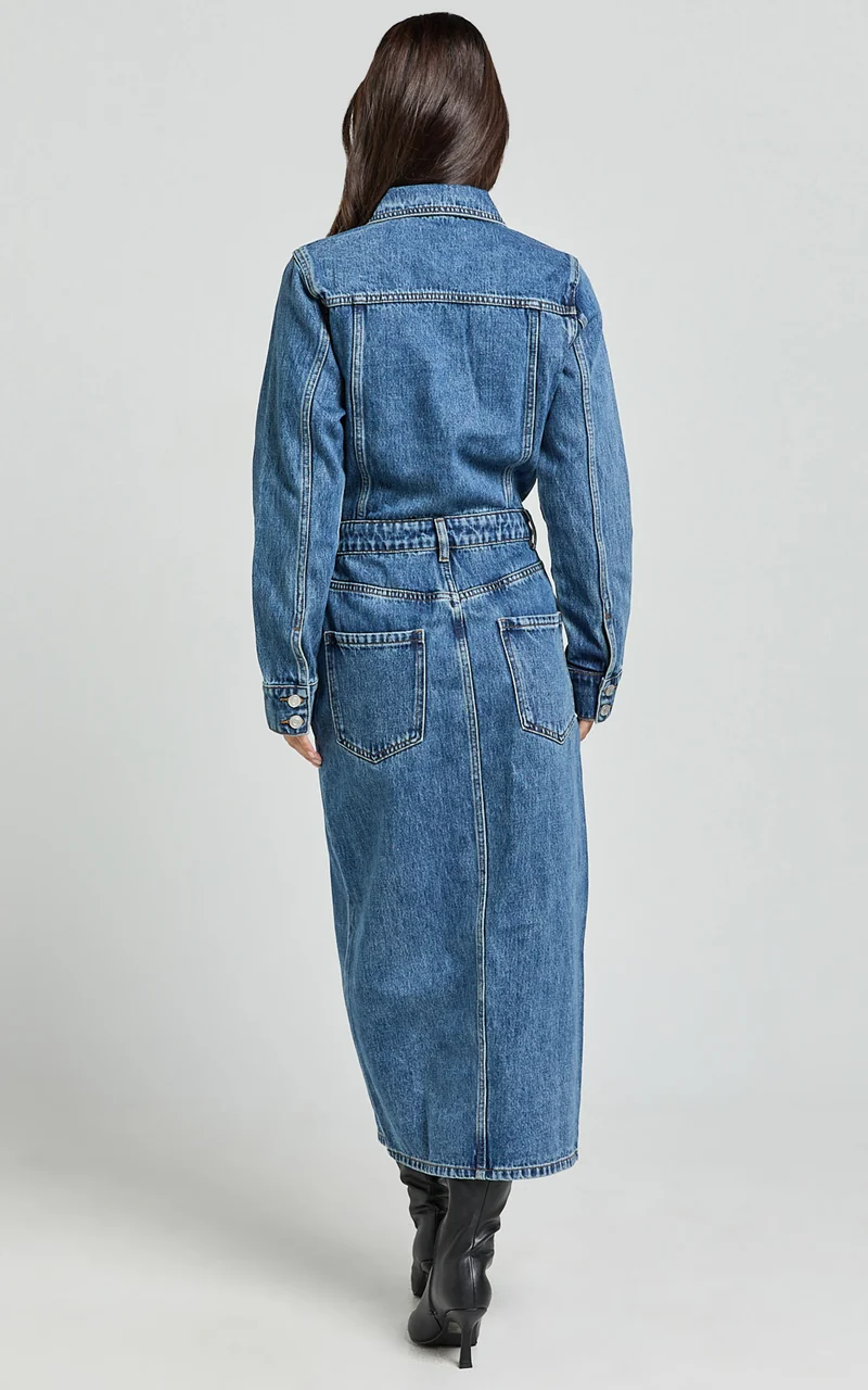 Alison Midi Dress - Long Sleeve Front Split Denim Dress in Mid Blue Wash