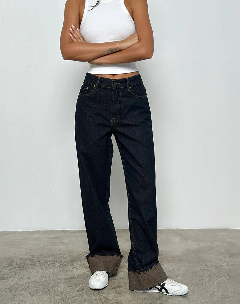 Jean droit à taille moyenne avec revers en Indigo