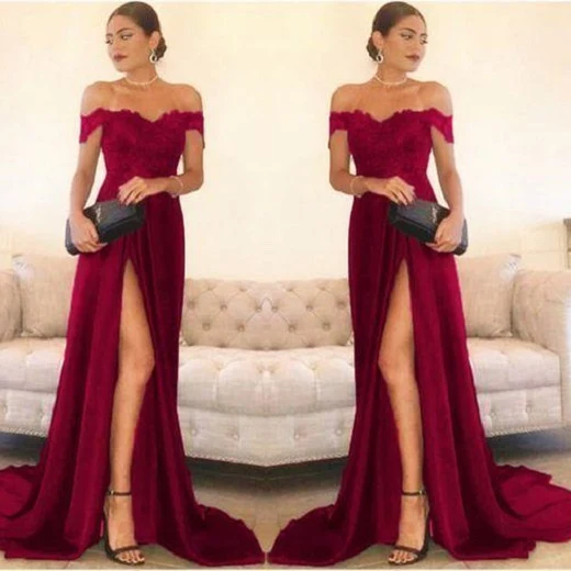 Robe de bal en dentelle bordeaux avec robe longue fendue