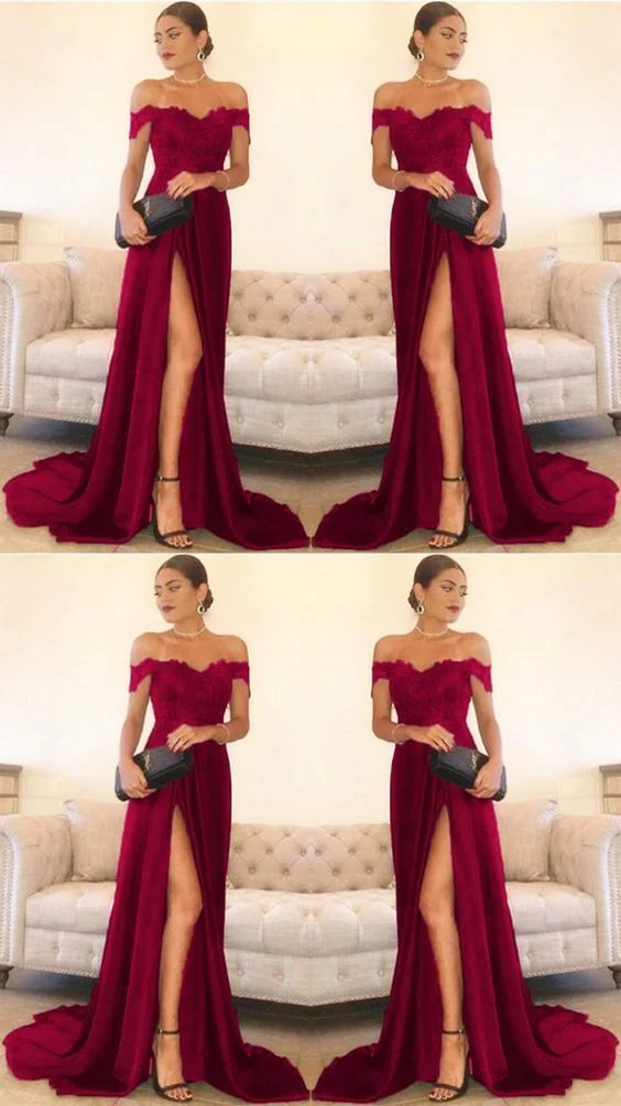 Robe de bal en dentelle bordeaux avec robe longue fendue