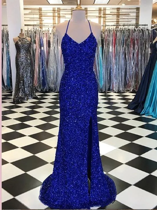 Robe de bal longue et sexy à paillettes bleu royal, tenue de bal scintillante, dos bas, robe de soirée
