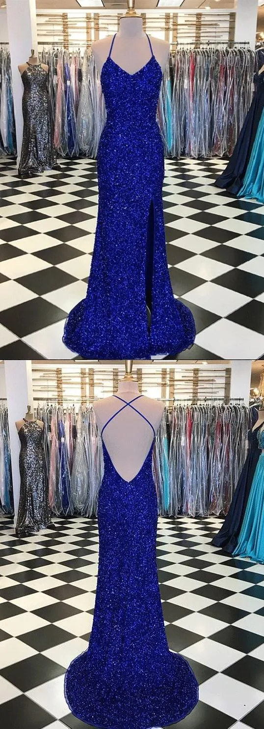Robe de bal longue et sexy à paillettes bleu royal, tenue de bal scintillante, dos bas, robe de soirée