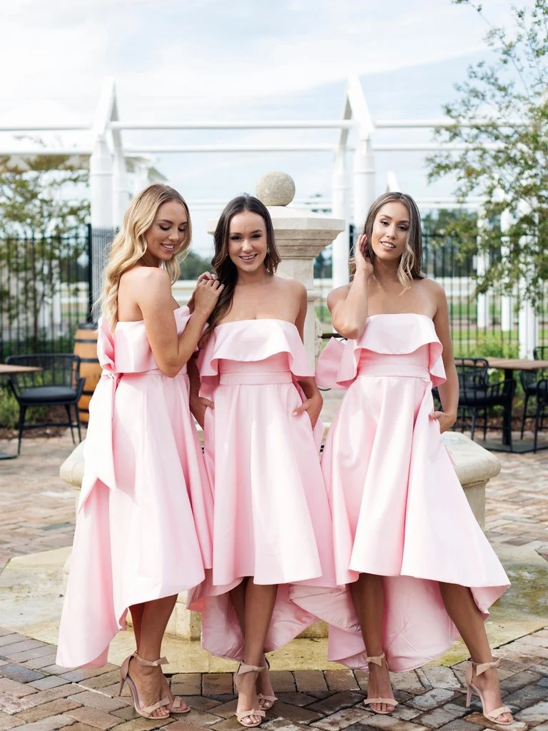 Robes de demoiselle d'honneur roses sans bretelles, tendance, avec nœud chic dans le dos, GDC1002