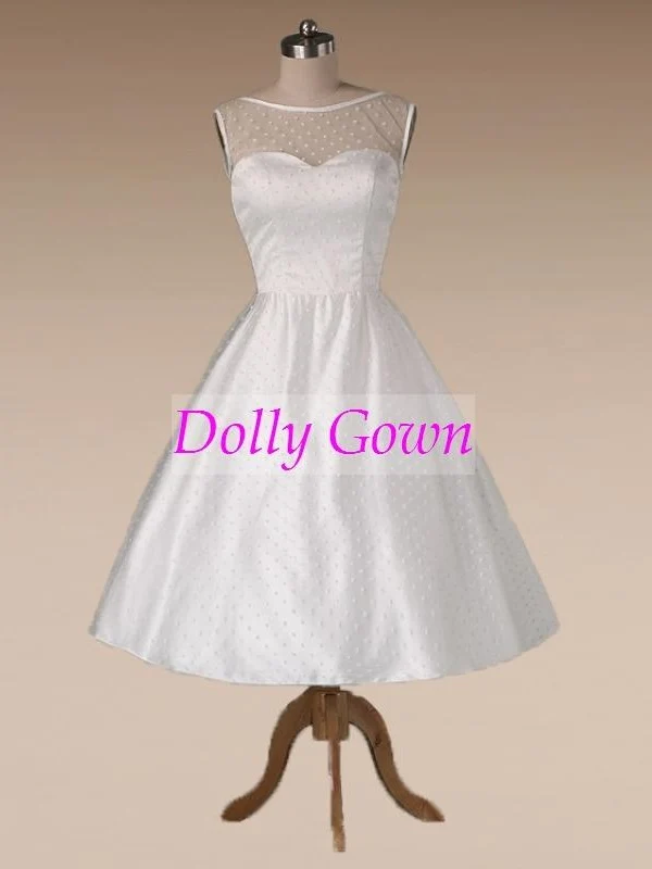 Robe de mariée vintage à pois des années 1950, longueur thé avec reliure en satin, robe de mariée courte style années 50