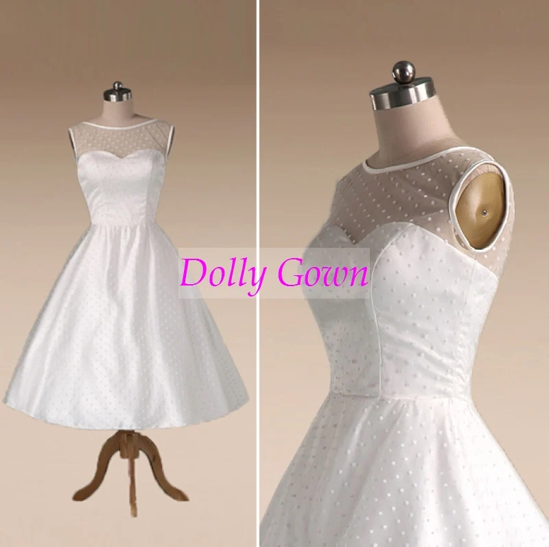 Robe de mariée vintage à pois des années 1950, longueur thé avec reliure en satin, robe de mariée courte style années 50