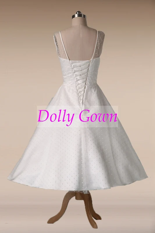 Robe de mariée vintage à pois des années 1950, longueur thé avec reliure en satin, robe de mariée courte style années 50
