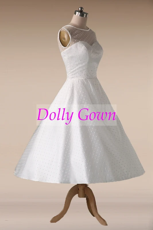 Robe de mariée vintage à pois des années 1950, longueur thé avec reliure en satin, robe de mariée courte style années 50
