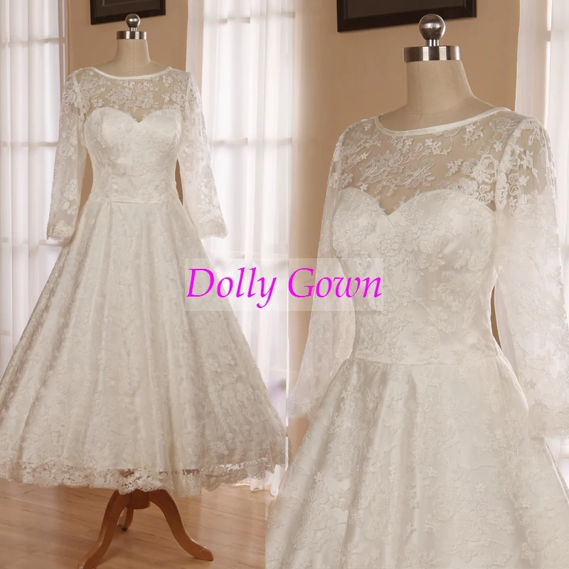 Robe de mariée classique vintage Audrey Hepburn des années 1950 en dentelle longueur thé avec manches
